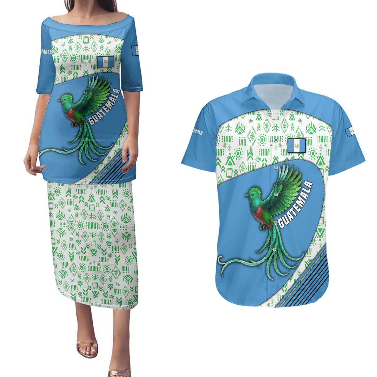 Guatemala Quetzal Bird Couples Matching Puletasi and Hawaiian Shirt with Tribal Motif and Libre Como El Quetzal Design - Wonder Print Shop