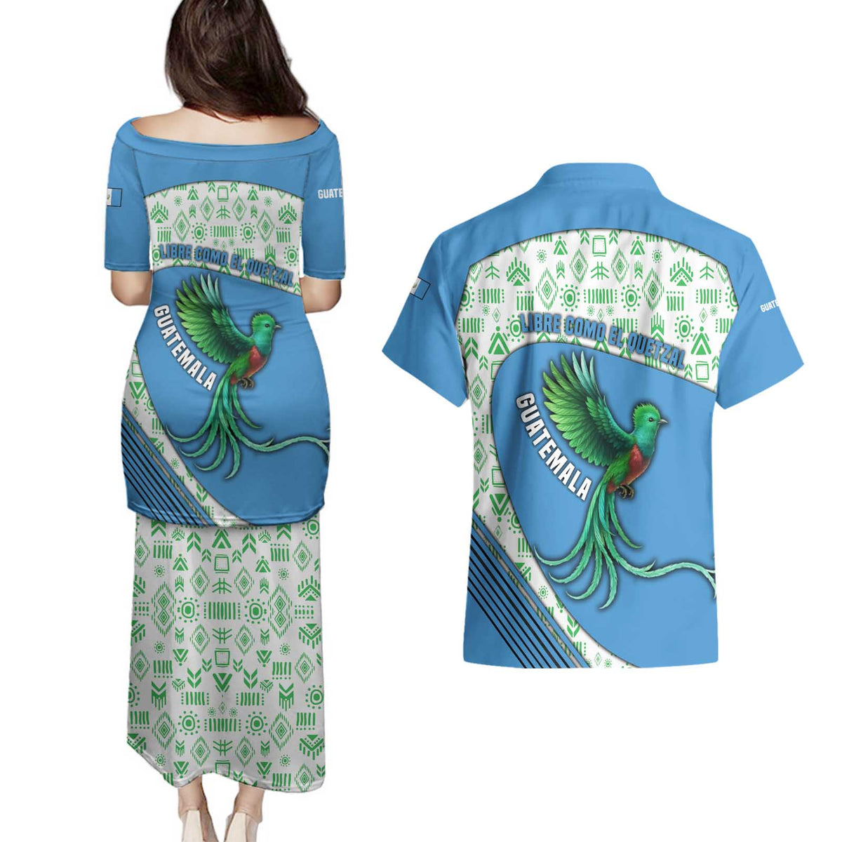 Guatemala Quetzal Bird Couples Matching Puletasi and Hawaiian Shirt with Tribal Motif and Libre Como El Quetzal Design - Wonder Print Shop