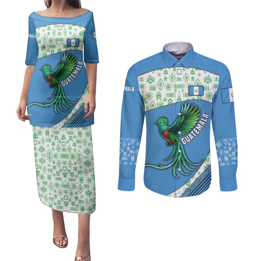 Guatemala Quetzal Bird Couples Matching Puletasi and Long Sleeve Button Shirt with Tribal Motif and Libre Como El Quetzal Design - Wonder Print Shop