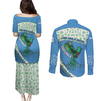 Guatemala Quetzal Bird Couples Matching Puletasi and Long Sleeve Button Shirt with Tribal Motif and Libre Como El Quetzal Design - Wonder Print Shop