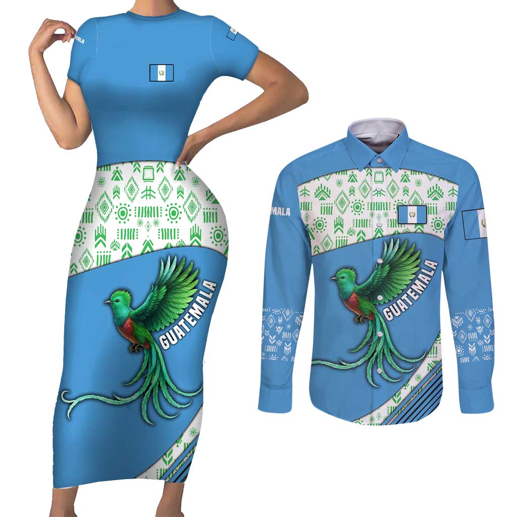 Guatemala Quetzal Bird Couples Matching Short Sleeve Bodycon Dress and Long Sleeve Button Shirt with Tribal Motif and Libre Como El Quetzal Design - Wonder Print Shop