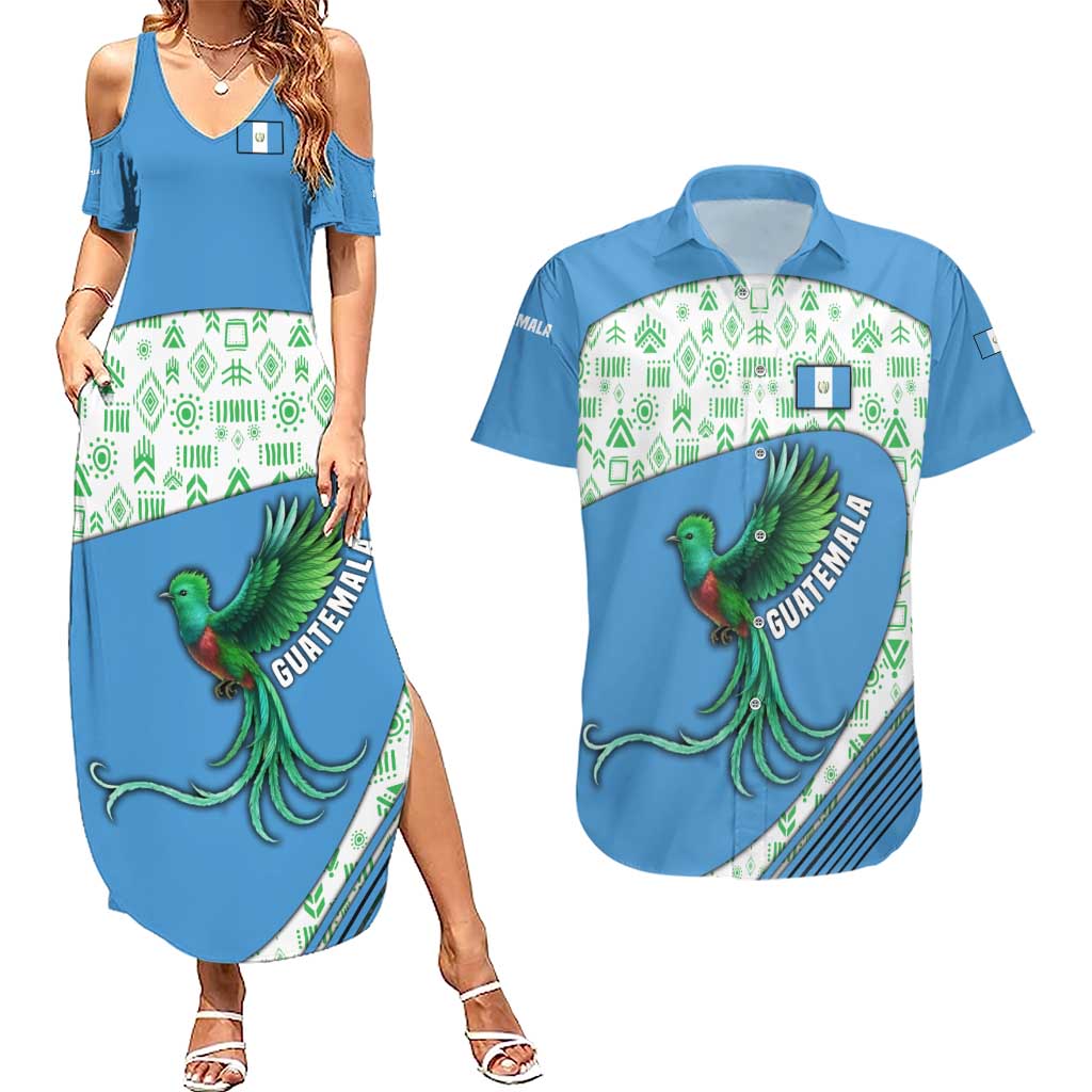 Guatemala Quetzal Bird Couples Matching Summer Maxi Dress and Hawaiian Shirt with Tribal Motif and Libre Como El Quetzal Design - Wonder Print Shop