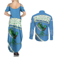 Guatemala Quetzal Bird Couples Matching Summer Maxi Dress and Long Sleeve Button Shirt with Tribal Motif and Libre Como El Quetzal Design - Wonder Print Shop