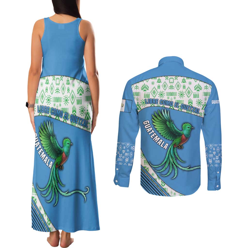 Guatemala Quetzal Bird Couples Matching Tank Maxi Dress and Long Sleeve Button Shirt with Tribal Motif and Libre Como El Quetzal Design - Wonder Print Shop