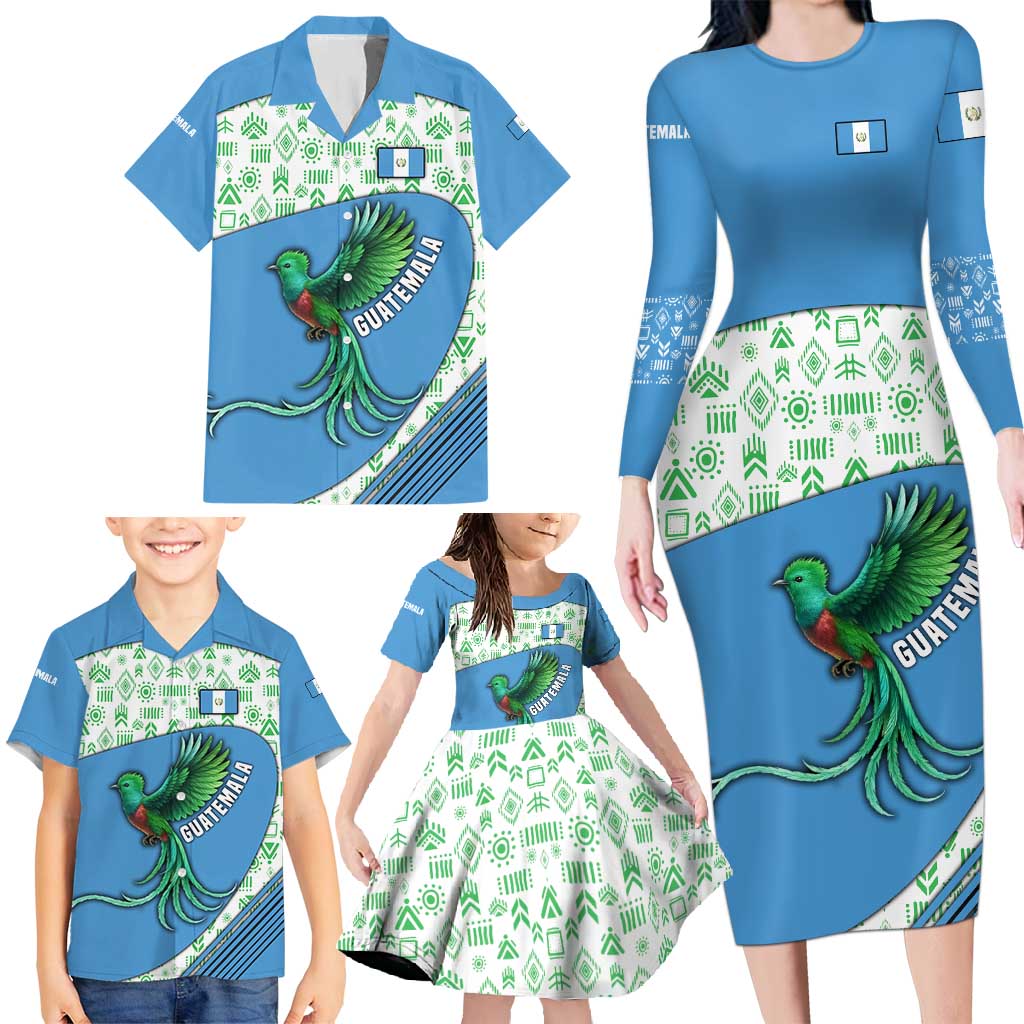Guatemala Quetzal Bird Family Matching Long Sleeve Bodycon Dress and Hawaiian Shirt with Tribal Motif and Libre Como El Quetzal Design - Wonder Print Shop