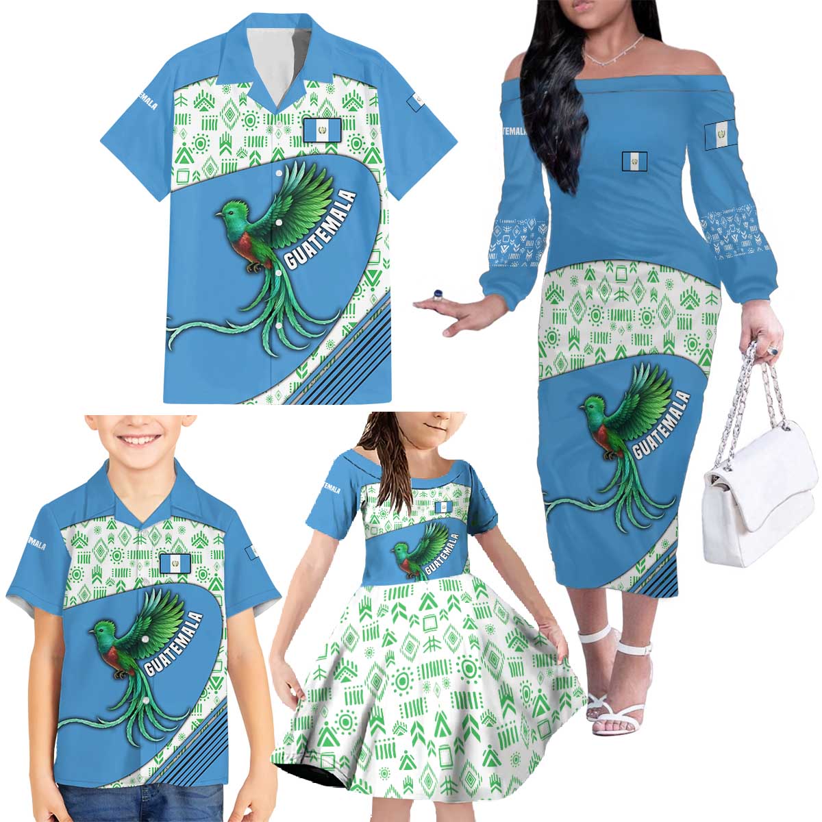 Guatemala Quetzal Bird Family Matching Off The Shoulder Long Sleeve Dress and Hawaiian Shirt with Tribal Motif and Libre Como El Quetzal Design - Wonder Print Shop