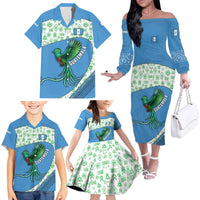 Guatemala Quetzal Bird Family Matching Off The Shoulder Long Sleeve Dress and Hawaiian Shirt with Tribal Motif and Libre Como El Quetzal Design - Wonder Print Shop