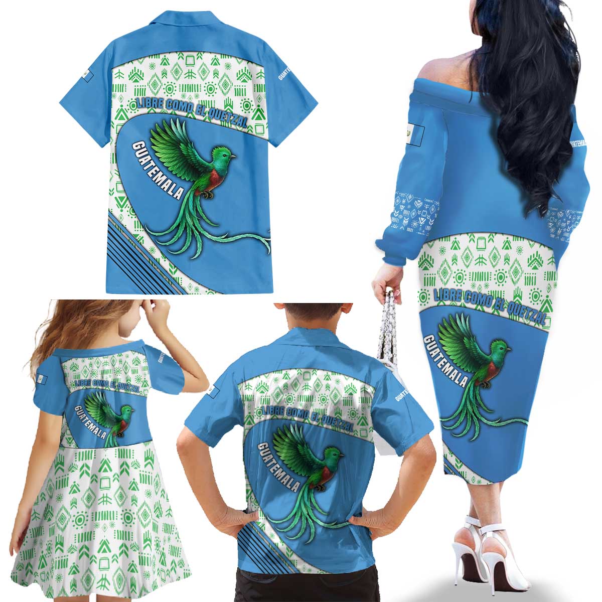 Guatemala Quetzal Bird Family Matching Off The Shoulder Long Sleeve Dress and Hawaiian Shirt with Tribal Motif and Libre Como El Quetzal Design - Wonder Print Shop
