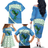Guatemala Quetzal Bird Family Matching Off The Shoulder Long Sleeve Dress and Hawaiian Shirt with Tribal Motif and Libre Como El Quetzal Design - Wonder Print Shop
