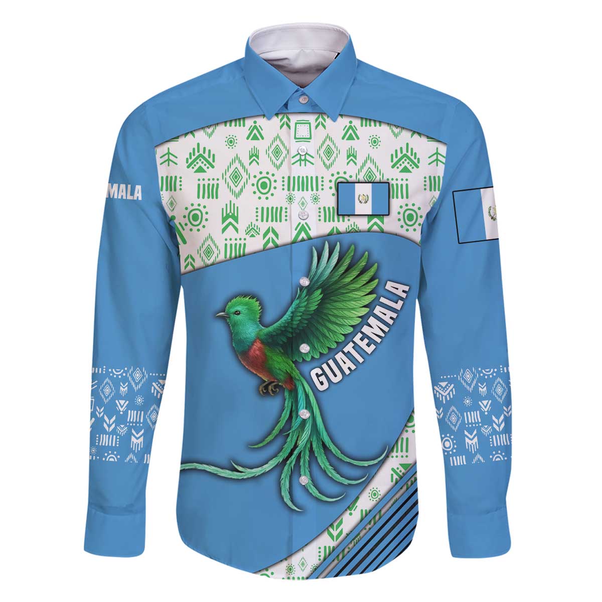 Guatemala Quetzal Bird Family Matching Off The Shoulder Long Sleeve Dress and Hawaiian Shirt with Tribal Motif and Libre Como El Quetzal Design - Wonder Print Shop