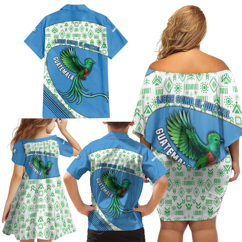 Guatemala Quetzal Bird Family Matching Off Shoulder Short Dress and Hawaiian Shirt with Tribal Motif and Libre Como El Quetzal Design - Wonder Print Shop