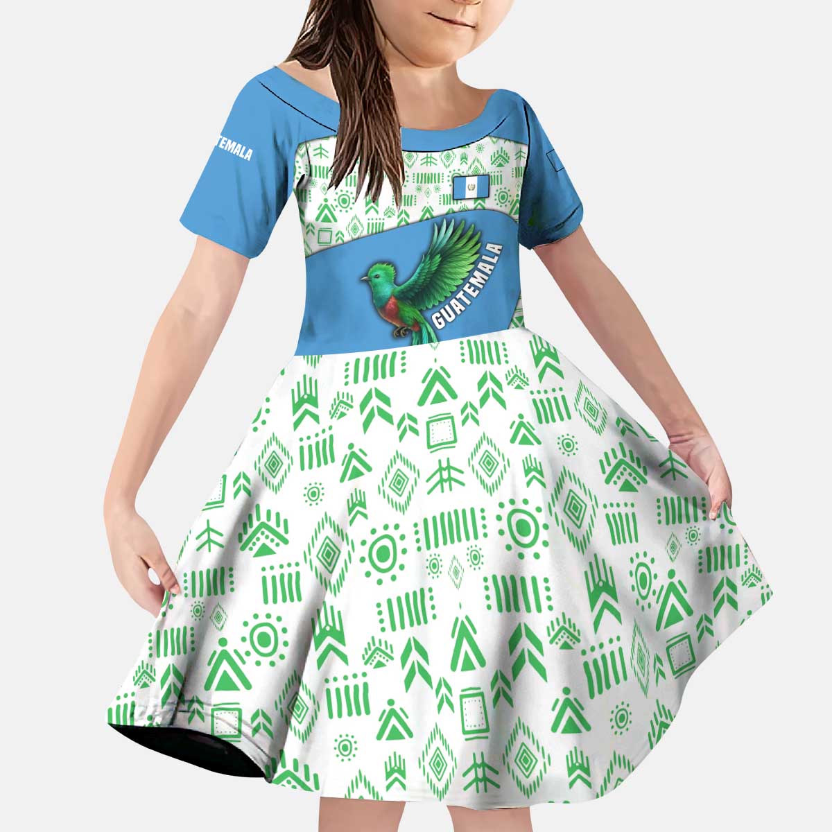 Guatemala Quetzal Bird Kid Short Sleeve Dress with Tribal Motif and Libre Como El Quetzal Design - Wonder Print Shop