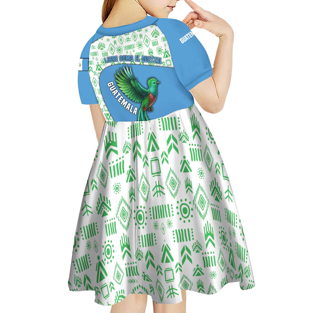Guatemala Quetzal Bird Kid Short Sleeve Dress with Tribal Motif and Libre Como El Quetzal Design - Wonder Print Shop