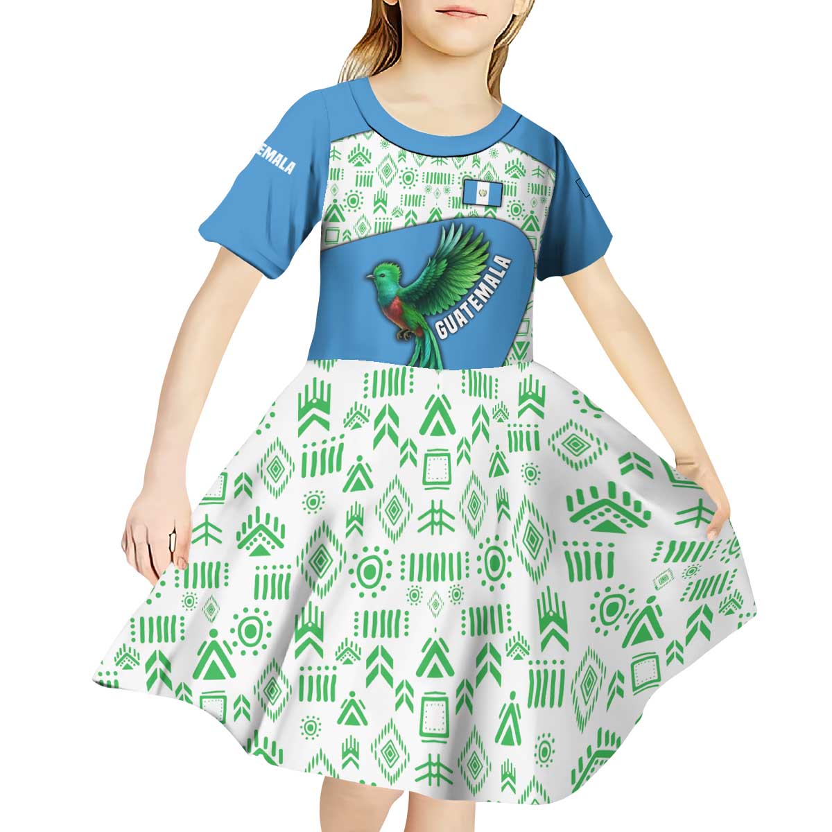 Guatemala Quetzal Bird Kid Short Sleeve Dress with Tribal Motif and Libre Como El Quetzal Design - Wonder Print Shop