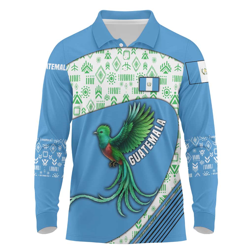 Guatemala Quetzal Bird Long Sleeve Polo Shirt with Tribal Motif and Libre Como El Quetzal Design - Wonder Print Shop