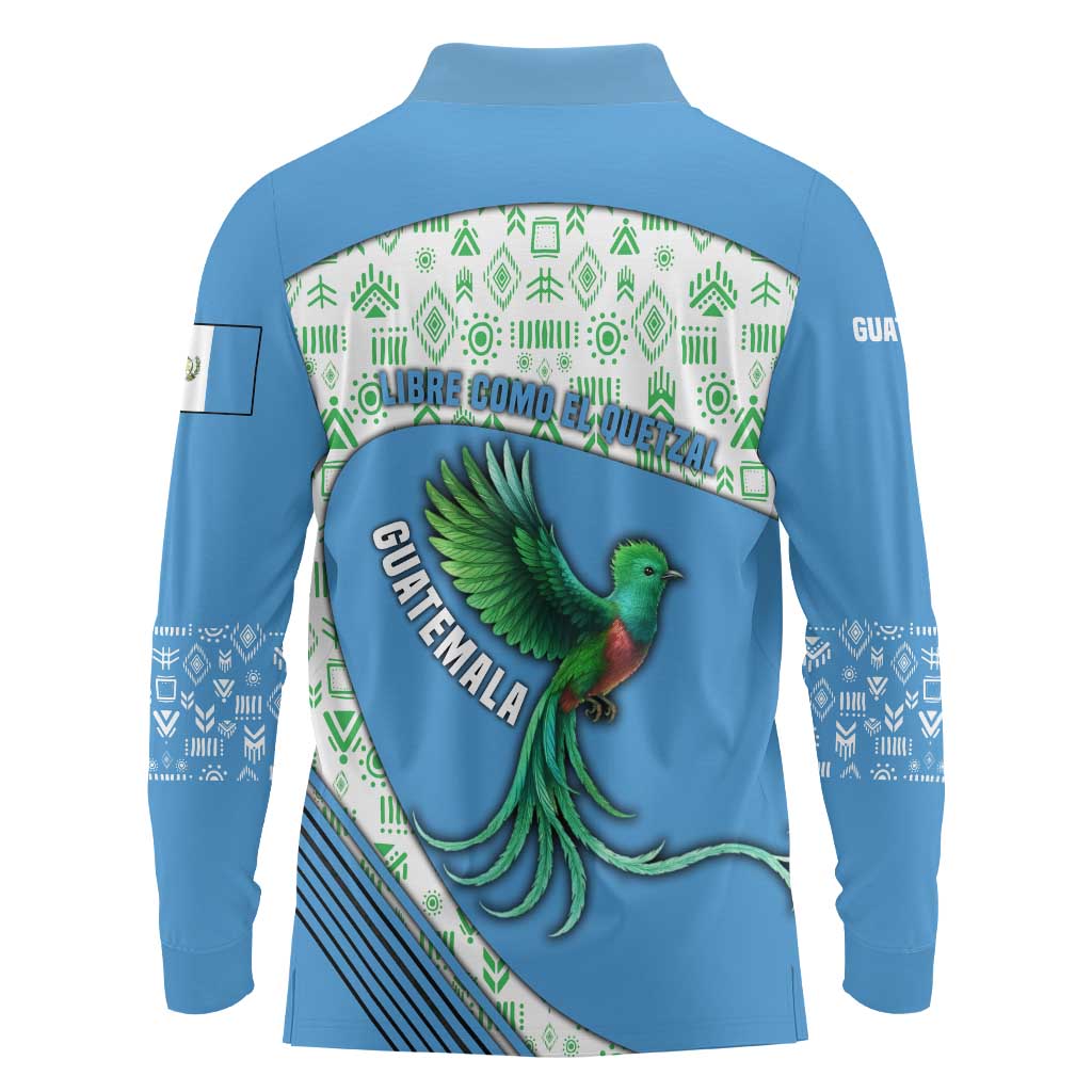 Guatemala Quetzal Bird Long Sleeve Polo Shirt with Tribal Motif and Libre Como El Quetzal Design - Wonder Print Shop