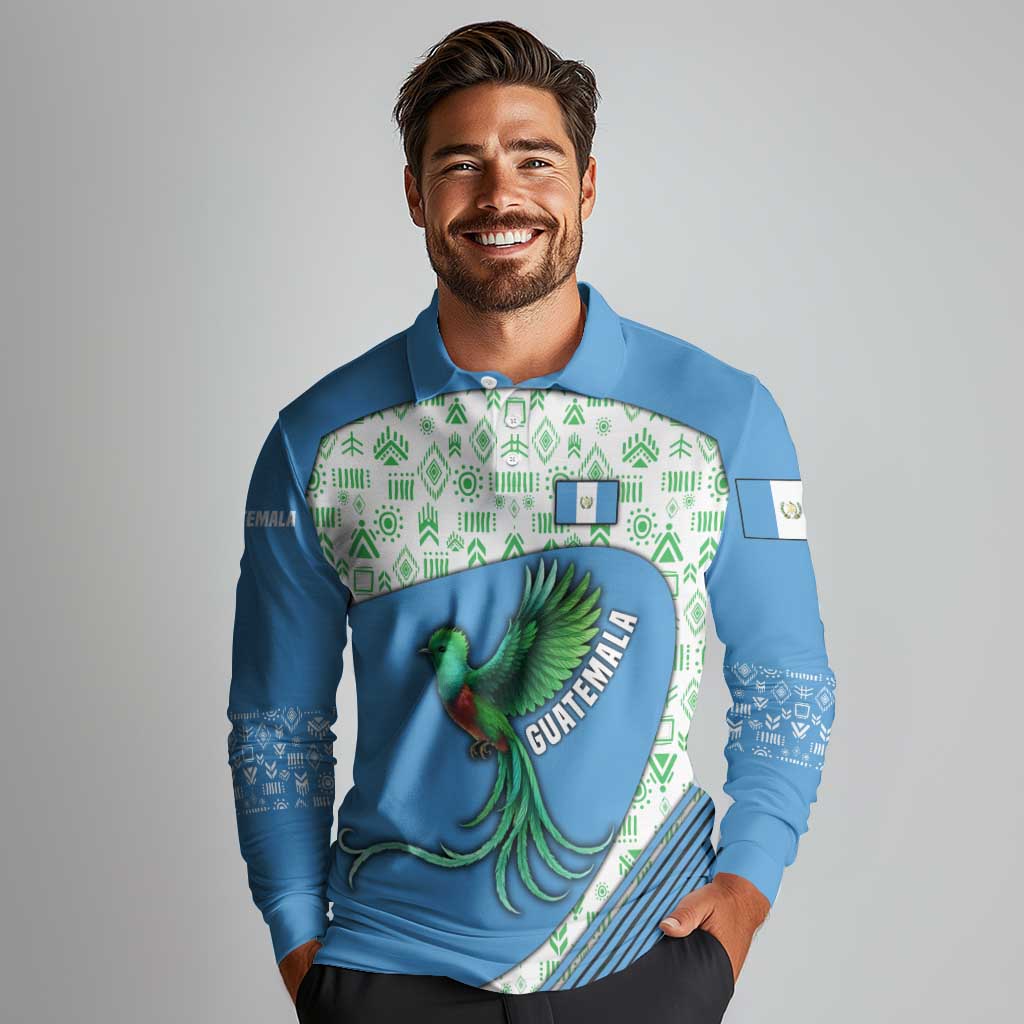 Guatemala Quetzal Bird Long Sleeve Polo Shirt with Tribal Motif and Libre Como El Quetzal Design - Wonder Print Shop