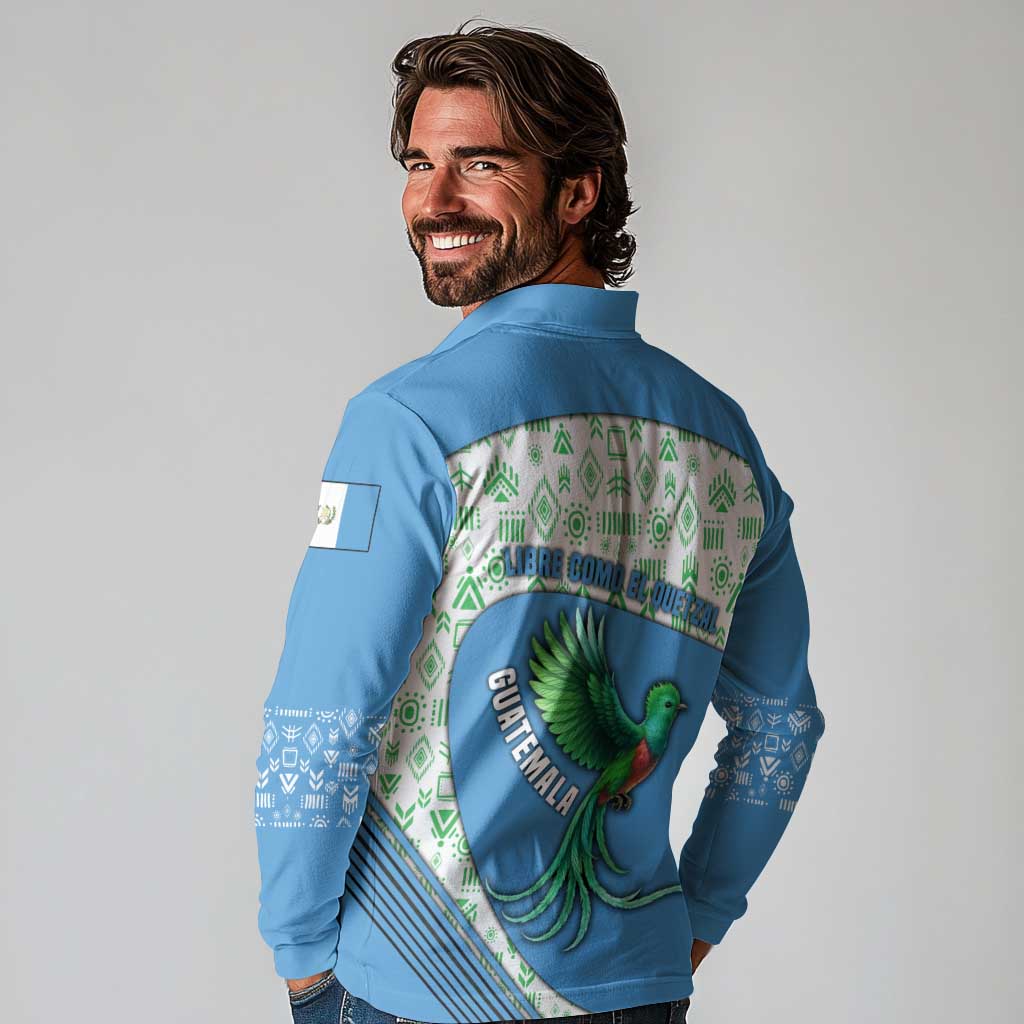 Guatemala Quetzal Bird Long Sleeve Polo Shirt with Tribal Motif and Libre Como El Quetzal Design - Wonder Print Shop