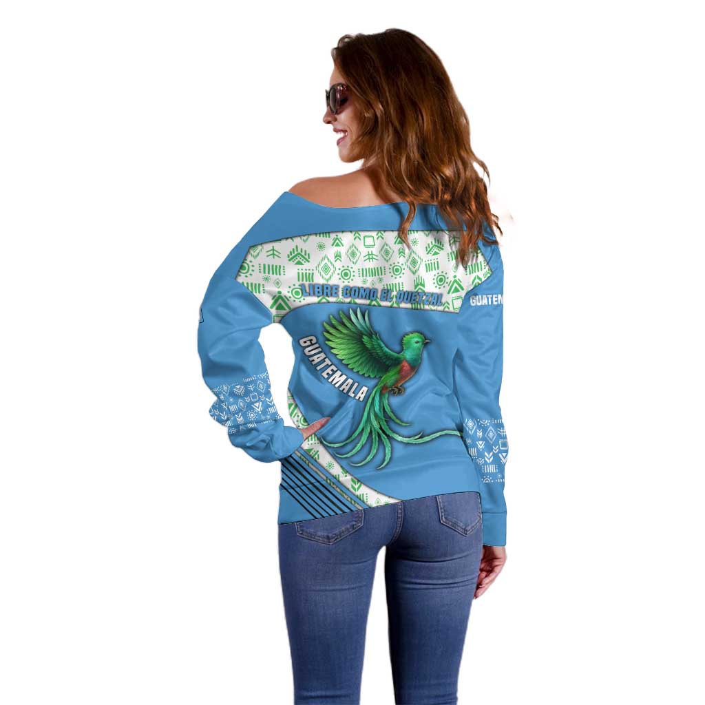 Guatemala Quetzal Bird Off Shoulder Sweater with Tribal Motif and Libre Como El Quetzal Design - Wonder Print Shop