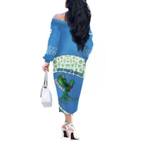 Guatemala Quetzal Bird Off The Shoulder Long Sleeve Dress with Tribal Motif and Libre Como El Quetzal Design - Wonder Print Shop
