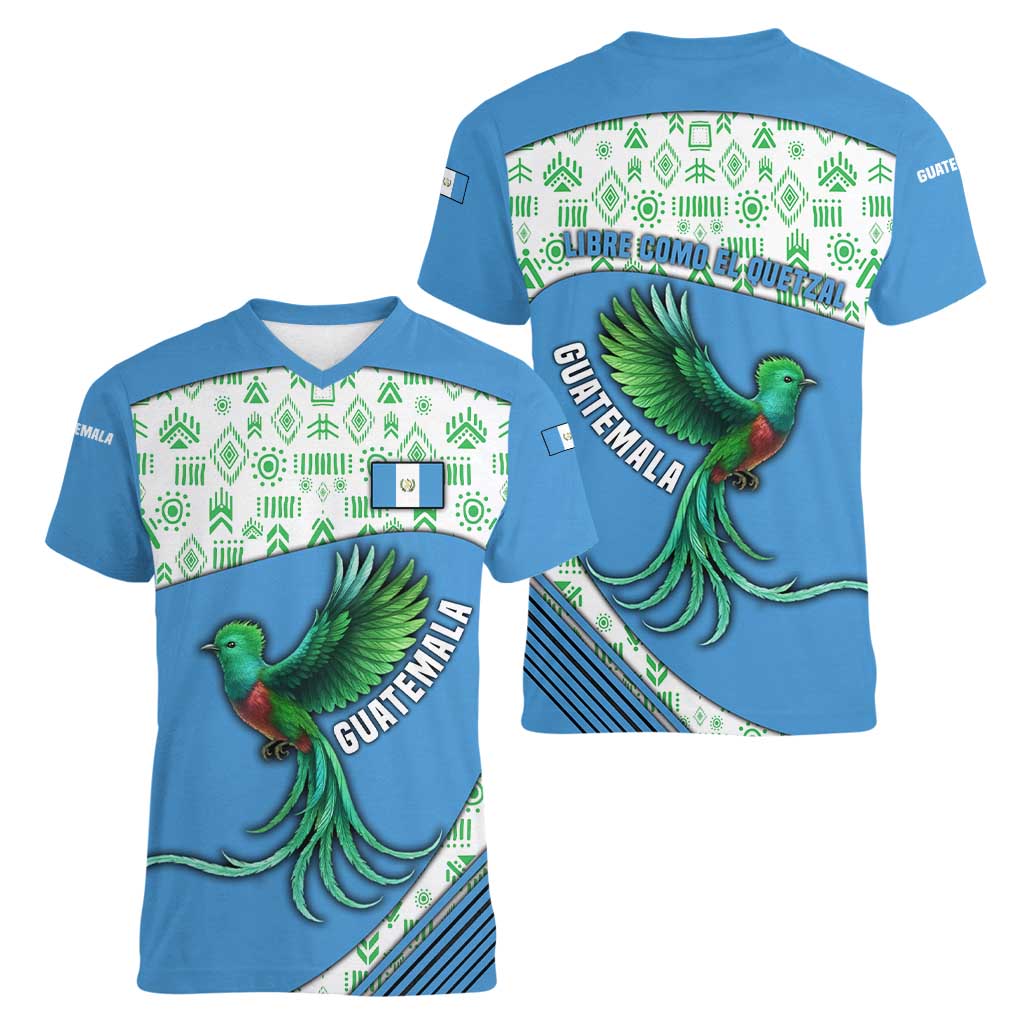 Guatemala Quetzal Bird Women V-Neck T-Shirt with Tribal Motif and Libre Como El Quetzal Design - Wonder Print Shop