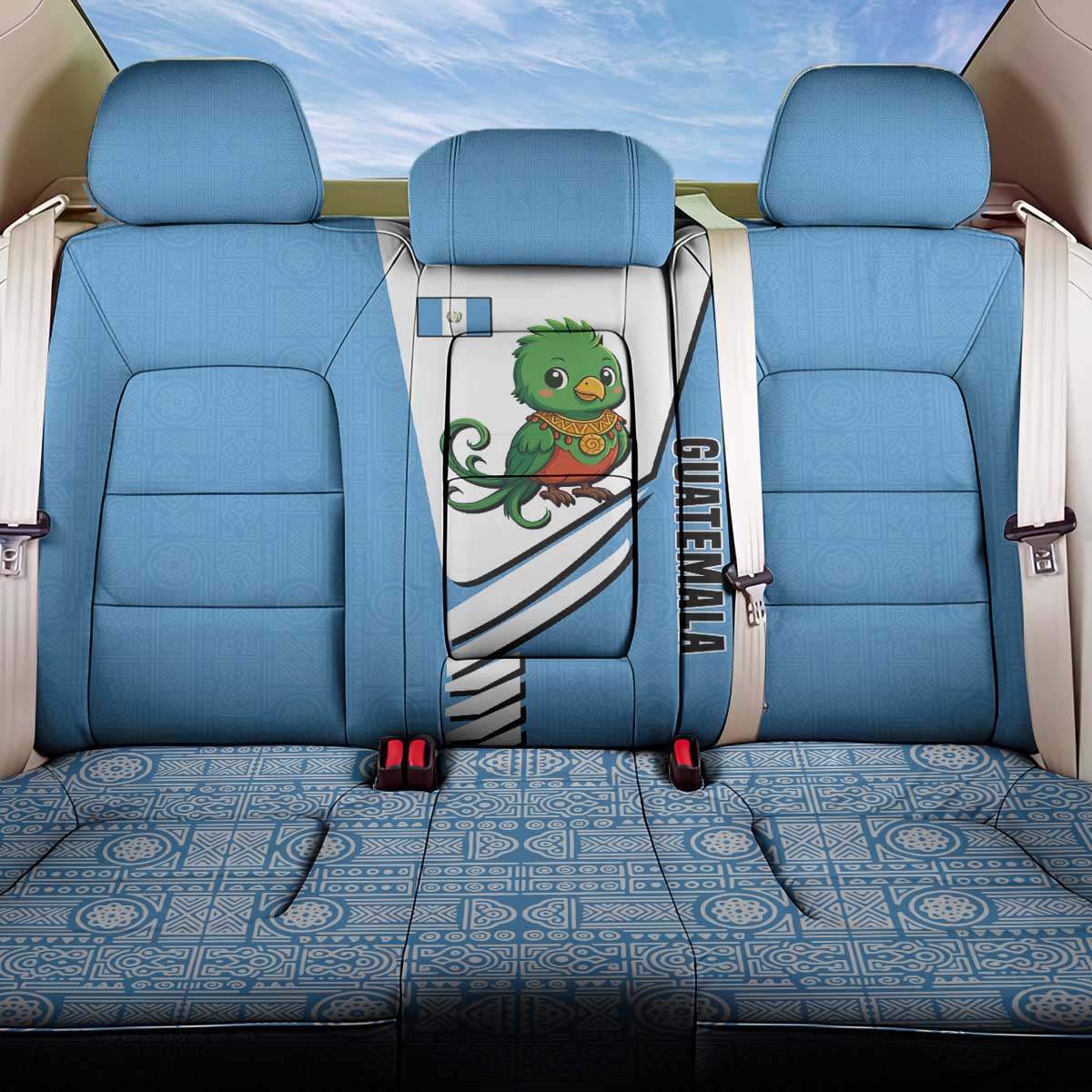 Guatemala Cute Quetzal Bird Back Car Seat Cover with Blue White Flag Colors and Tribal Pattern Design - Wonder Print Shop
