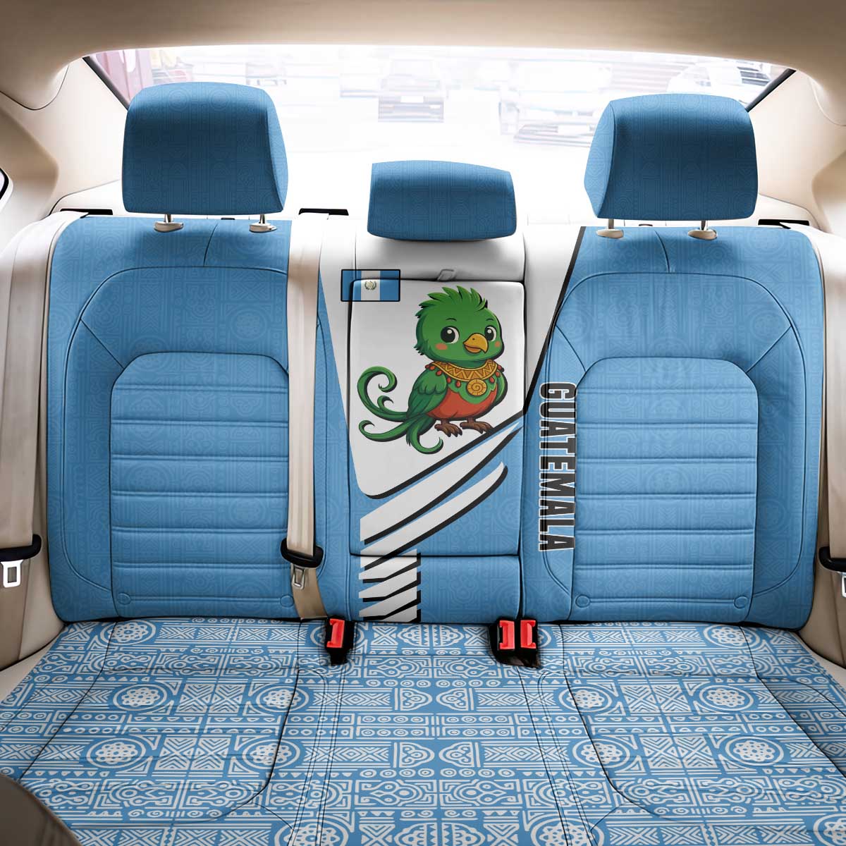 Guatemala Cute Quetzal Bird Back Car Seat Cover with Blue White Flag Colors and Tribal Pattern Design - Wonder Print Shop