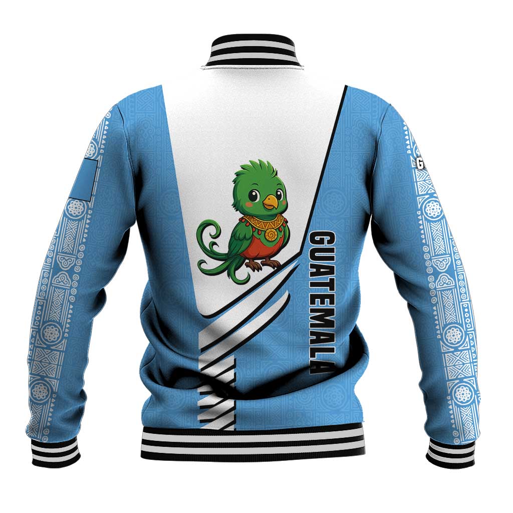 Guatemala Cute Quetzal Bird Baseball Jacket with Blue White Flag Colors and Tribal Pattern Design - Wonder Print Shop