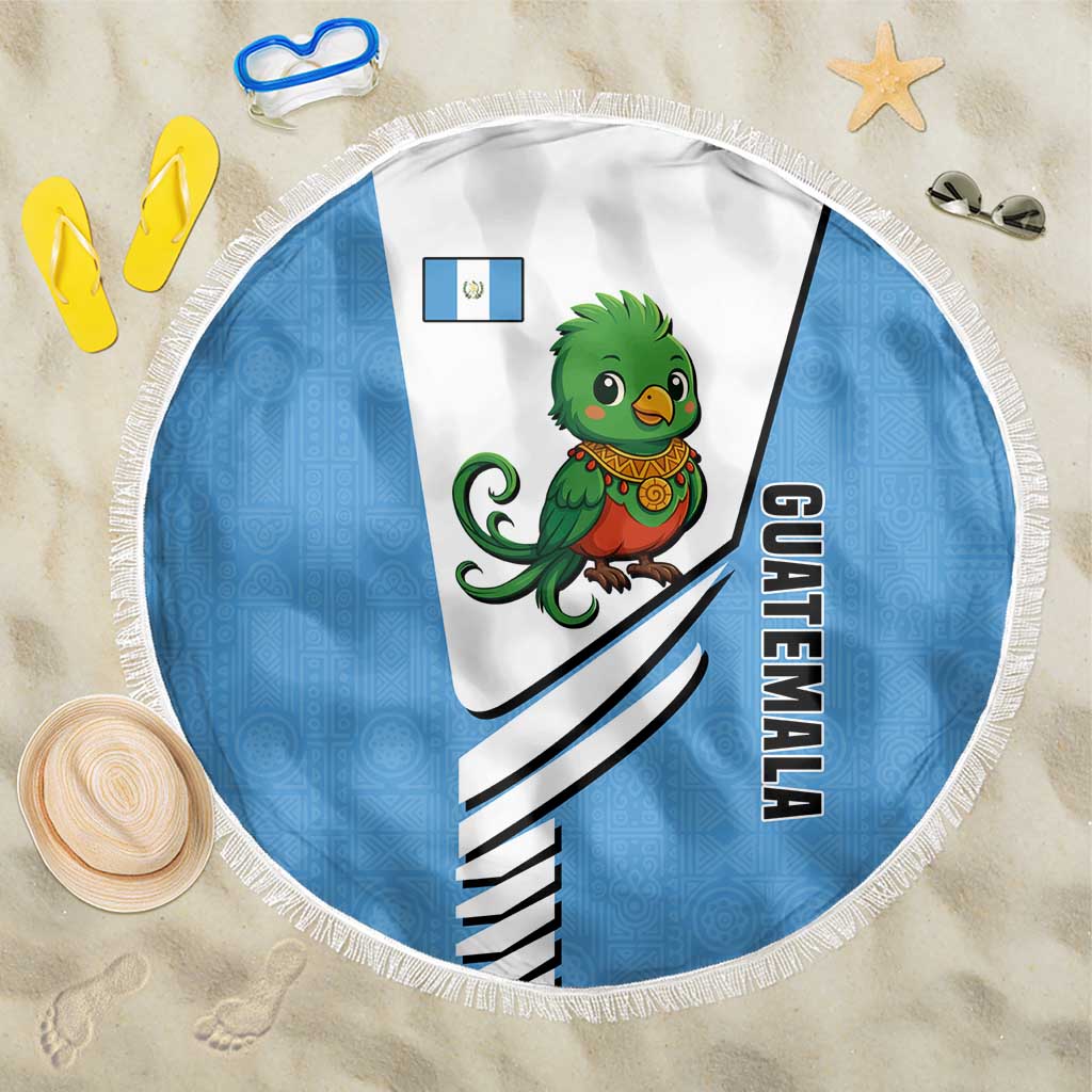 Guatemala Cute Quetzal Bird Beach Blanket with Blue White Flag Colors and Tribal Pattern Design - Wonder Print Shop