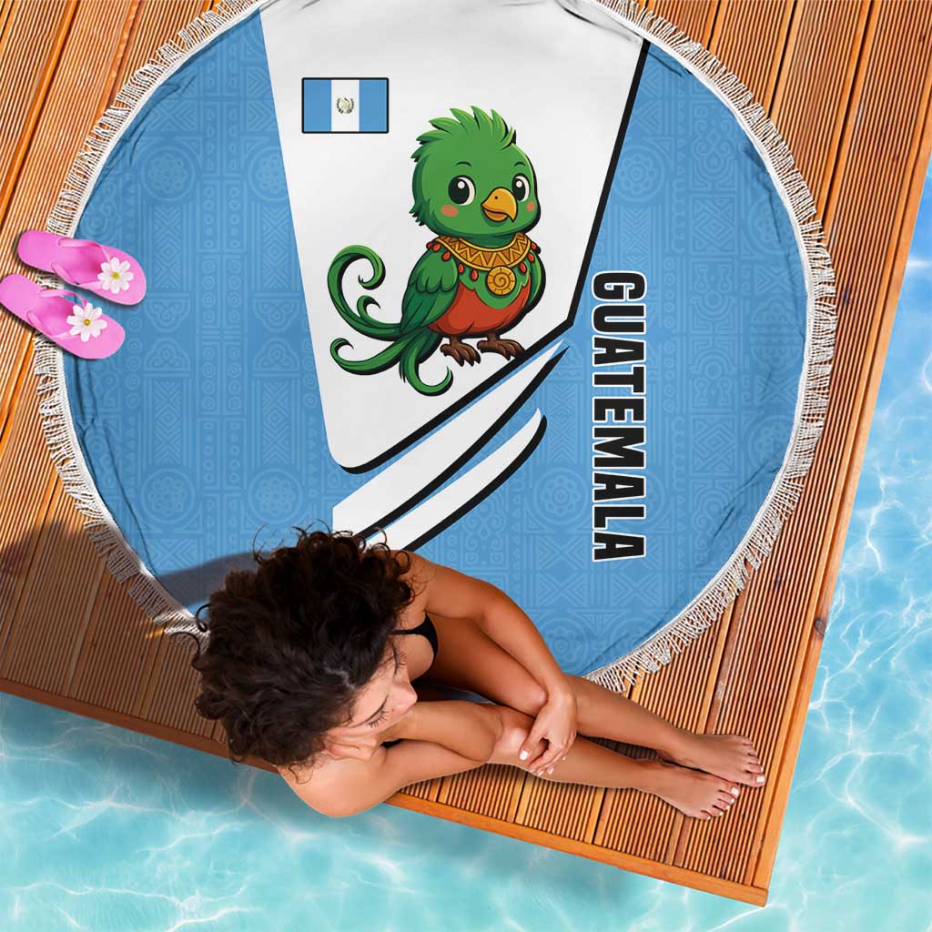 Guatemala Cute Quetzal Bird Beach Blanket with Blue White Flag Colors and Tribal Pattern Design - Wonder Print Shop