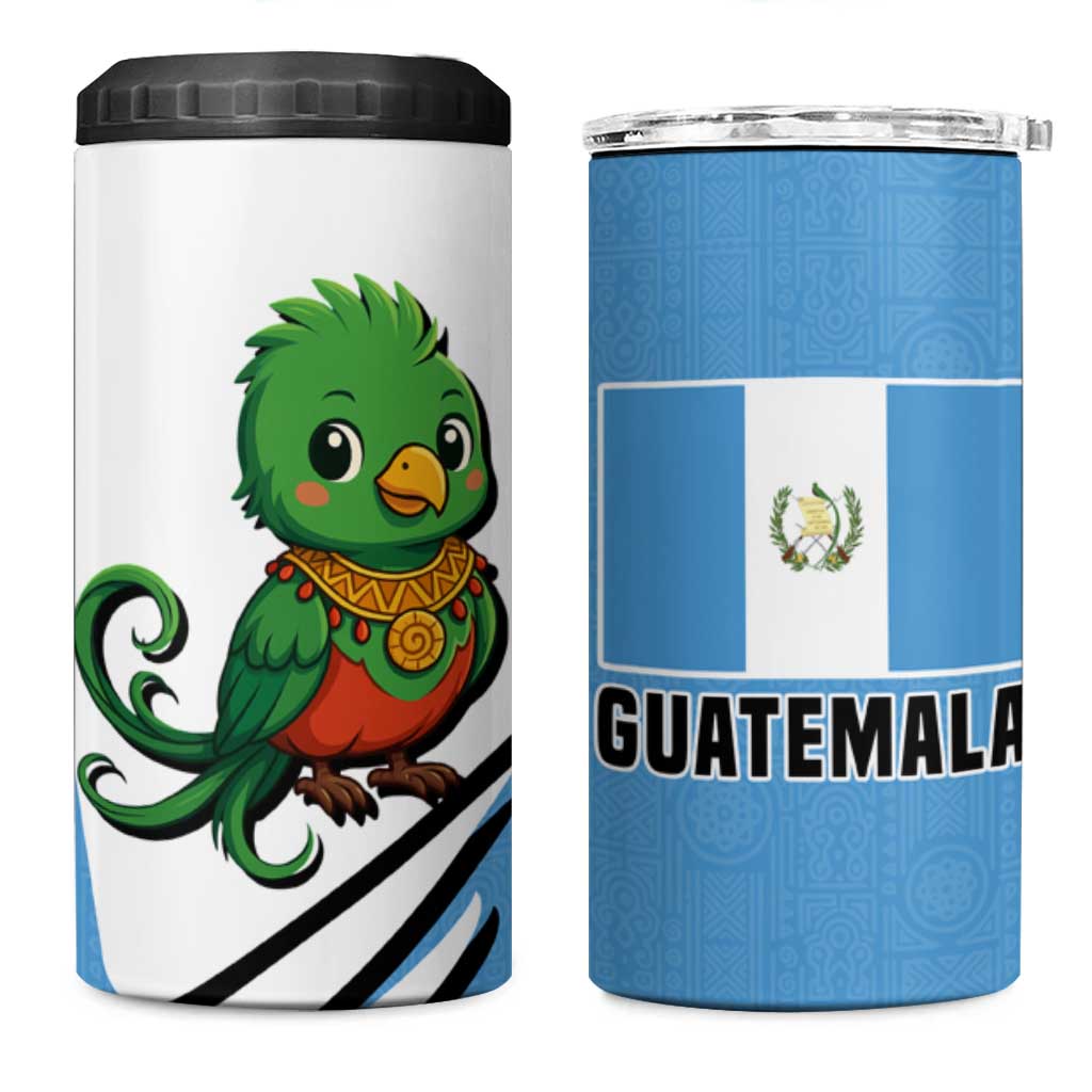 Guatemala Cute Quetzal Bird 4 in 1 Can Cooler Tumbler with Blue White Flag Colors and Tribal Pattern Design - Wonder Print Shop