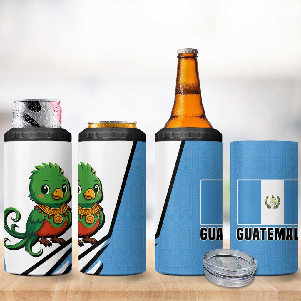 Guatemala Cute Quetzal Bird 4 in 1 Can Cooler Tumbler with Blue White Flag Colors and Tribal Pattern Design - Wonder Print Shop