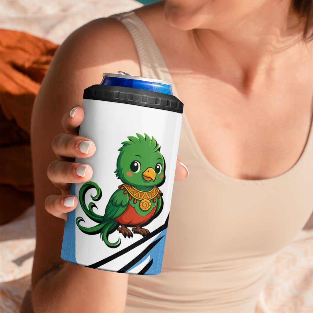Guatemala Cute Quetzal Bird 4 in 1 Can Cooler Tumbler with Blue White Flag Colors and Tribal Pattern Design - Wonder Print Shop
