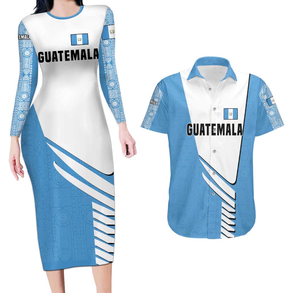Guatemala Cute Quetzal Bird Couples Matching Long Sleeve Bodycon Dress and Hawaiian Shirt with Blue White Flag Colors and Tribal Pattern Design - Wonder Print Shop