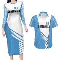 Guatemala Cute Quetzal Bird Couples Matching Long Sleeve Bodycon Dress and Hawaiian Shirt with Blue White Flag Colors and Tribal Pattern Design - Wonder Print Shop