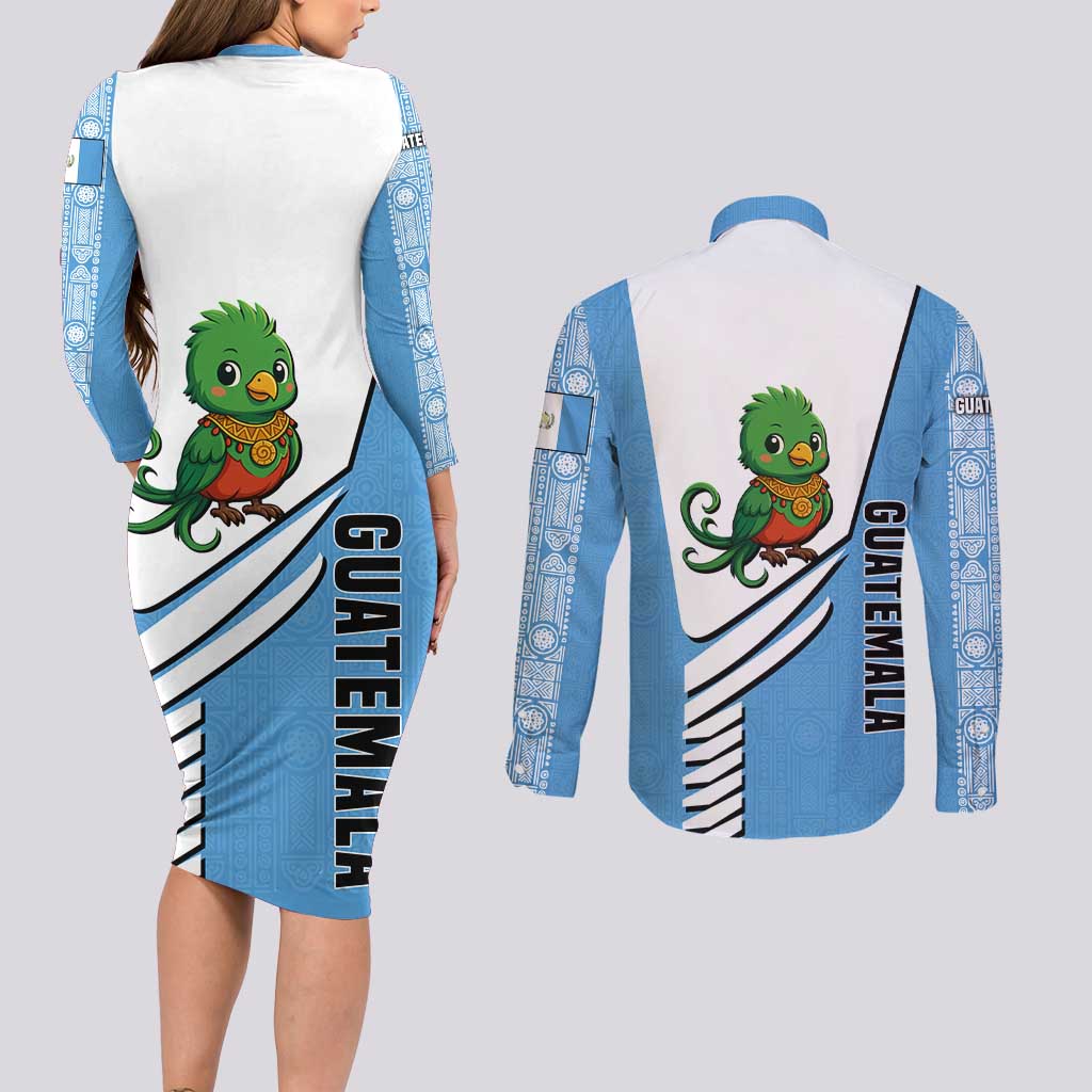 Guatemala Cute Quetzal Bird Couples Matching Long Sleeve Bodycon Dress and Long Sleeve Button Shirt with Blue White Flag Colors and Tribal Pattern Design - Wonder Print Shop