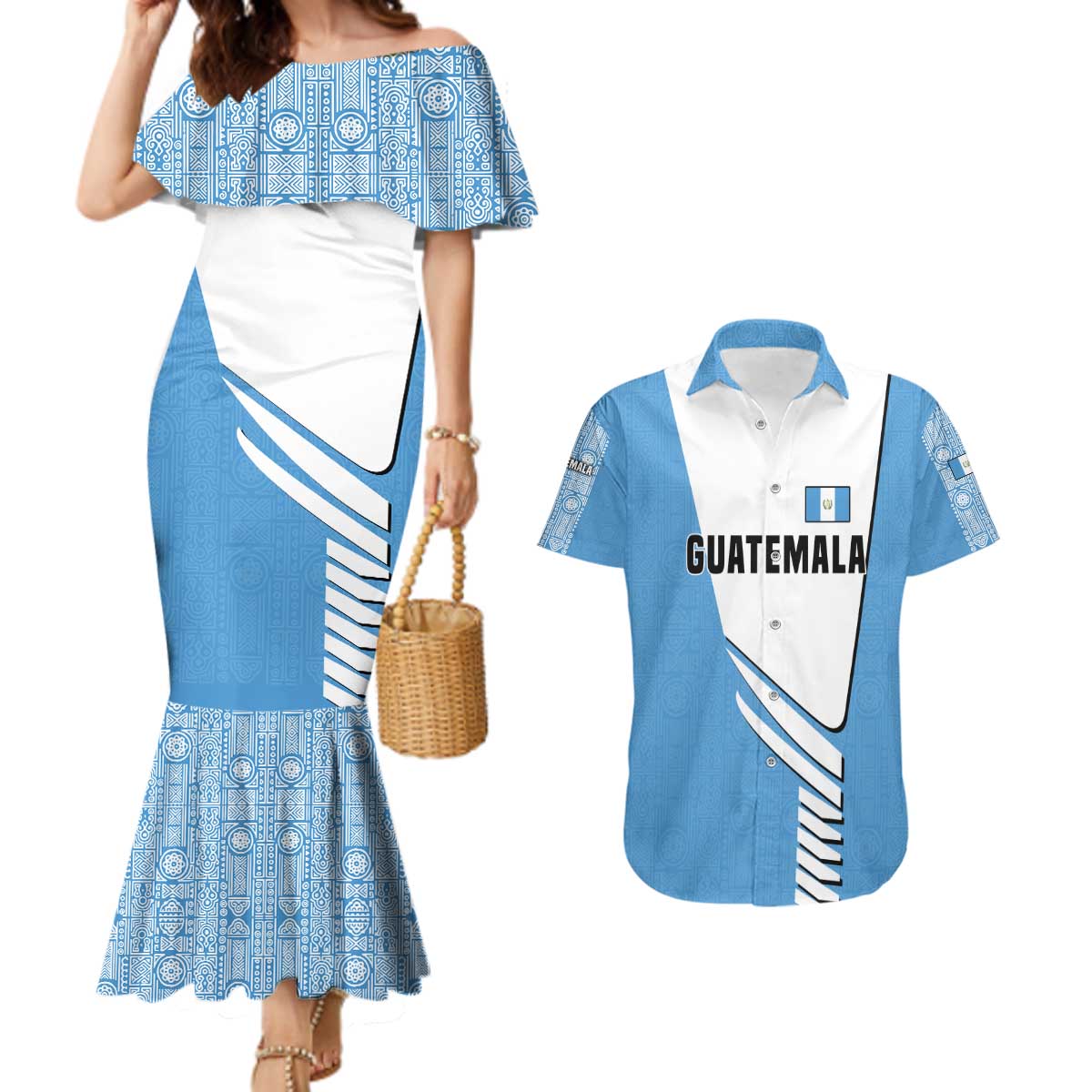 Guatemala Cute Quetzal Bird Couples Matching Mermaid Dress and Hawaiian Shirt with Blue White Flag Colors and Tribal Pattern Design - Wonder Print Shop