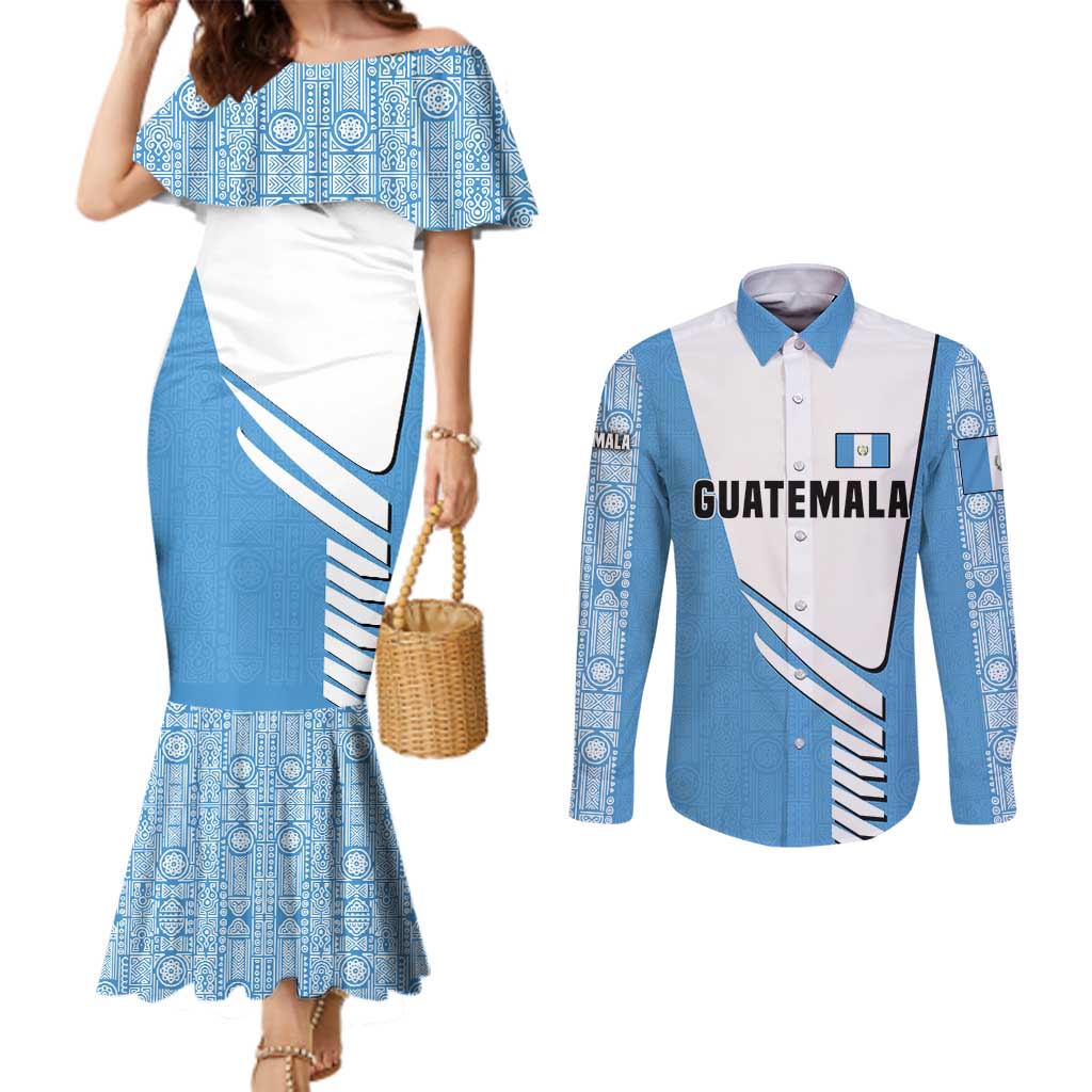 Guatemala Cute Quetzal Bird Couples Matching Mermaid Dress and Long Sleeve Button Shirt with Blue White Flag Colors and Tribal Pattern Design - Wonder Print Shop