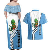 Guatemala Cute Quetzal Bird Couples Matching Off Shoulder Maxi Dress and Hawaiian Shirt with Blue White Flag Colors and Tribal Pattern Design - Wonder Print Shop