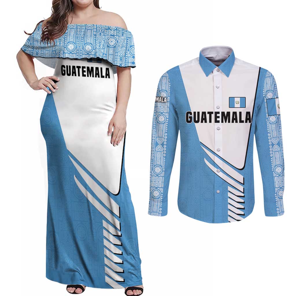 Guatemala Cute Quetzal Bird Couples Matching Off Shoulder Maxi Dress and Long Sleeve Button Shirt with Blue White Flag Colors and Tribal Pattern Design - Wonder Print Shop