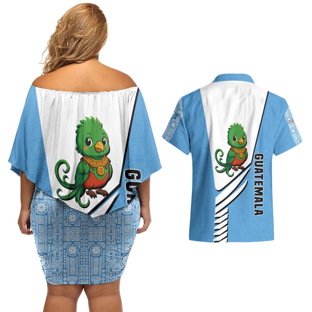 Guatemala Cute Quetzal Bird Couples Matching Off Shoulder Short Dress and Hawaiian Shirt with Blue White Flag Colors and Tribal Pattern Design - Wonder Print Shop
