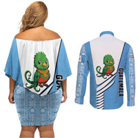 Guatemala Cute Quetzal Bird Couples Matching Off Shoulder Short Dress and Long Sleeve Button Shirt with Blue White Flag Colors and Tribal Pattern Design - Wonder Print Shop