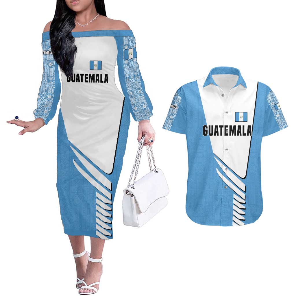 Guatemala Cute Quetzal Bird Couples Matching Off The Shoulder Long Sleeve Dress and Hawaiian Shirt with Blue White Flag Colors and Tribal Pattern Design - Wonder Print Shop