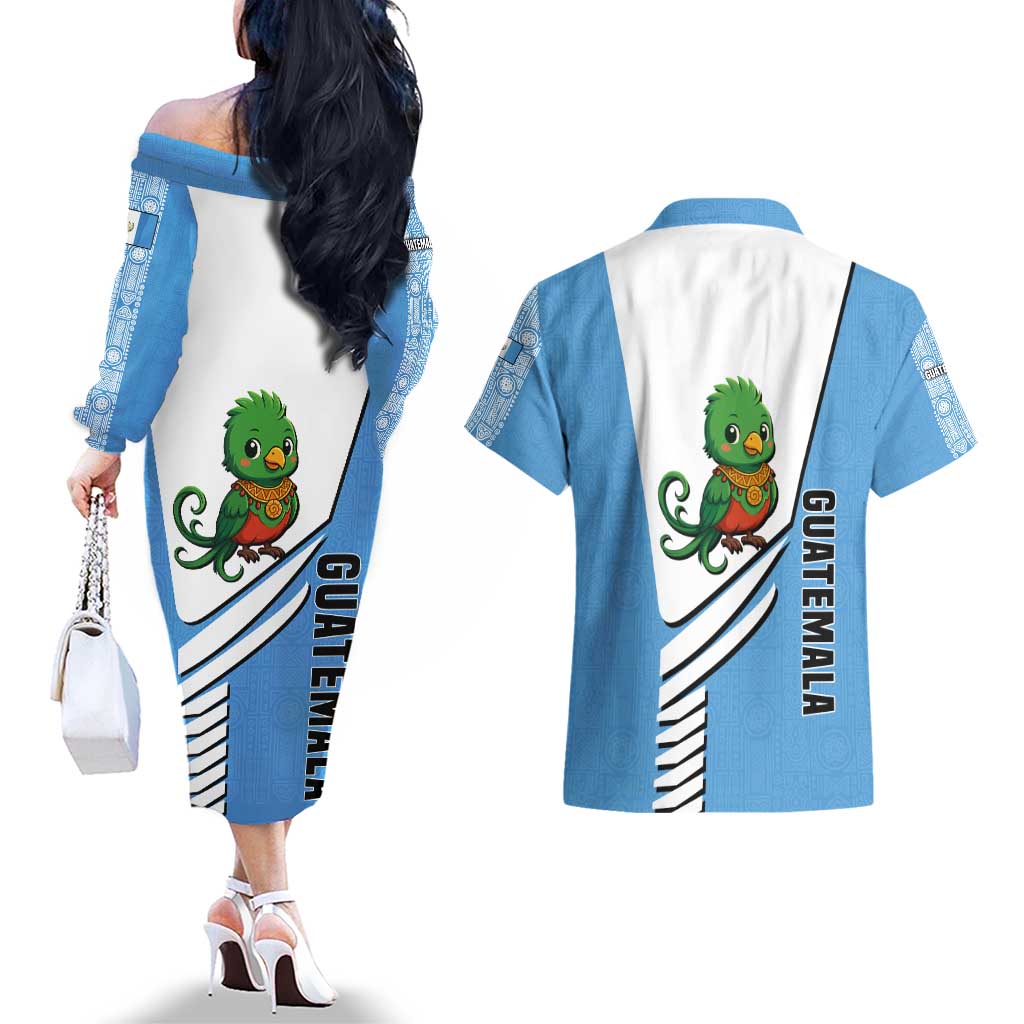 Guatemala Cute Quetzal Bird Couples Matching Off The Shoulder Long Sleeve Dress and Hawaiian Shirt with Blue White Flag Colors and Tribal Pattern Design - Wonder Print Shop