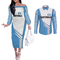 Guatemala Cute Quetzal Bird Couples Matching Off The Shoulder Long Sleeve Dress and Long Sleeve Button Shirt with Blue White Flag Colors and Tribal Pattern Design - Wonder Print Shop