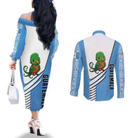 Guatemala Cute Quetzal Bird Couples Matching Off The Shoulder Long Sleeve Dress and Long Sleeve Button Shirt with Blue White Flag Colors and Tribal Pattern Design - Wonder Print Shop