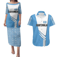 Guatemala Cute Quetzal Bird Couples Matching Puletasi and Hawaiian Shirt with Blue White Flag Colors and Tribal Pattern Design - Wonder Print Shop