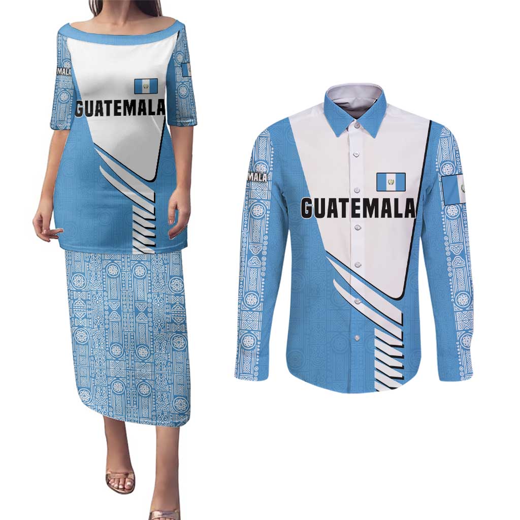 Guatemala Cute Quetzal Bird Couples Matching Puletasi and Long Sleeve Button Shirt with Blue White Flag Colors and Tribal Pattern Design - Wonder Print Shop
