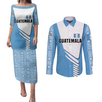 Guatemala Cute Quetzal Bird Couples Matching Puletasi and Long Sleeve Button Shirt with Blue White Flag Colors and Tribal Pattern Design - Wonder Print Shop