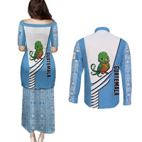 Guatemala Cute Quetzal Bird Couples Matching Puletasi and Long Sleeve Button Shirt with Blue White Flag Colors and Tribal Pattern Design - Wonder Print Shop